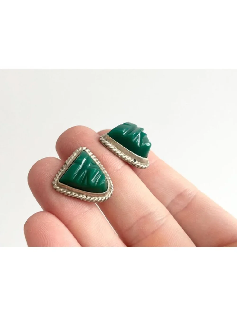 Green Onyx Gemstone Mask Taxco, Mexico Sterling Silver 925 Men's Cufflinks